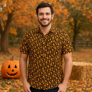 Monument Button Up Shirt Large Halloween Ghost Skull Fall Short Sleeve Orange